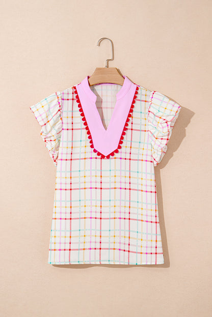 White Plaid Flutter Sleeve Colorblock Ric Rac Split V Neck Blouse