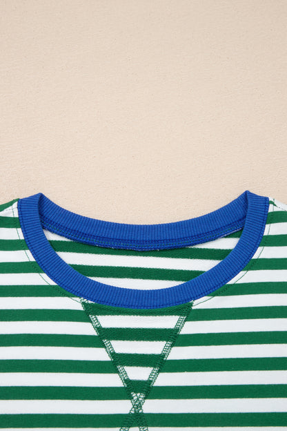 Green Stripe Drop Shoulder Boxy Casual Terry Short Set
