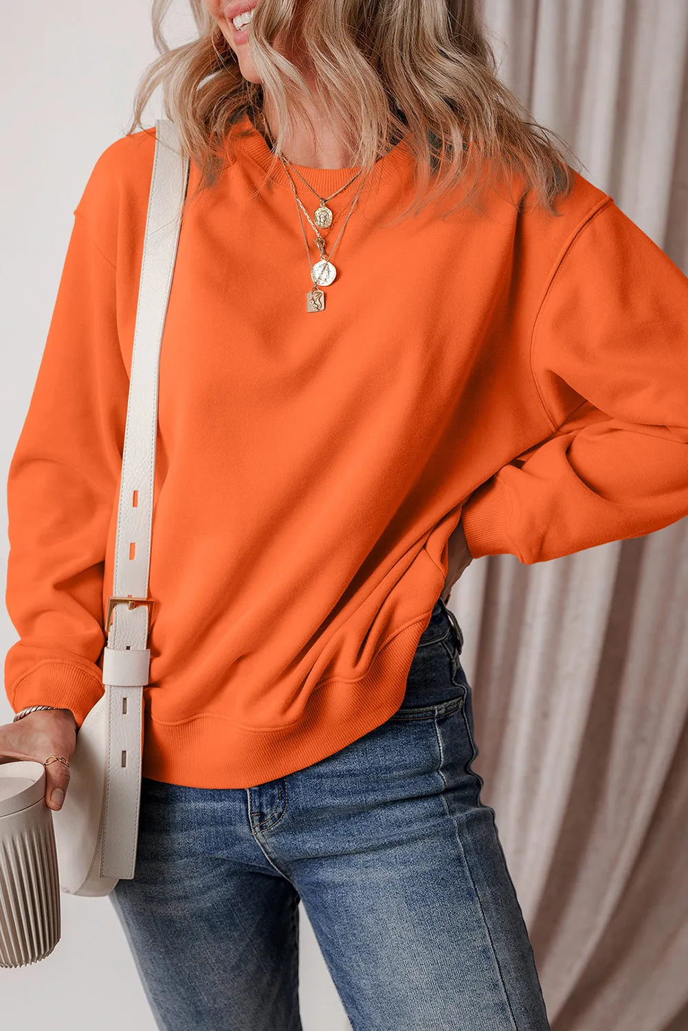 Russet Orange Solid Fleece Lined Drop Shoulder Terry Sweatshirt - Chic Meadow Boutique 