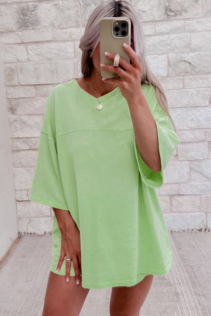 Meadow Mist Green Solid Loose V Neck Half Sleeve Tee and Shorts