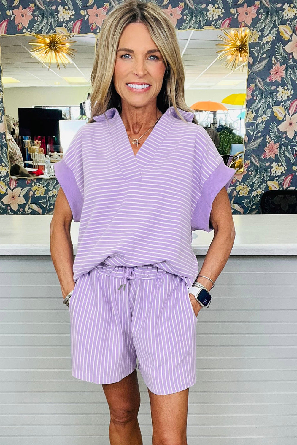 Purple Stripe Dolman Sleeve Polo Shirt and Drawstring Shorts Set