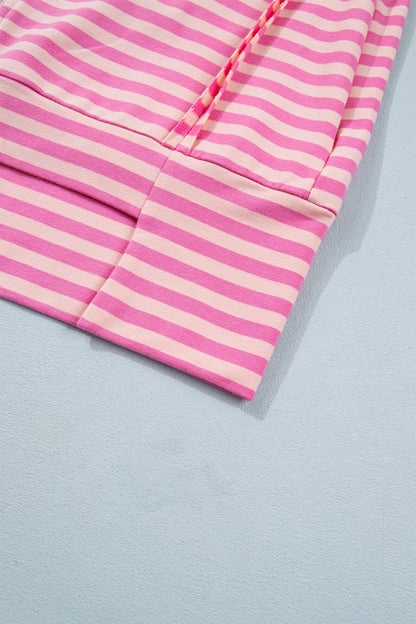Pink Stripe Zip-up Puff Sleeve Zip Jacket Sweatshirt