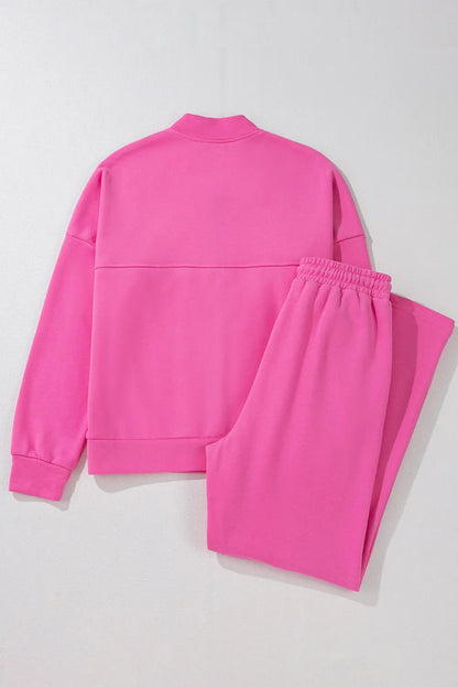 Bright Pink Solid Seamed Zipper Jacket and Drawstring Waist Pants Set - Chic Meadow Boutique 