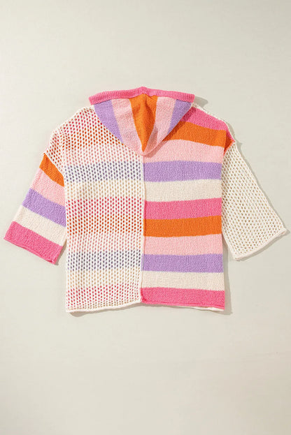 Sweaters & Cardigans/Sweaters Pink Oversized Colorblock V Neck Hooded Sweater