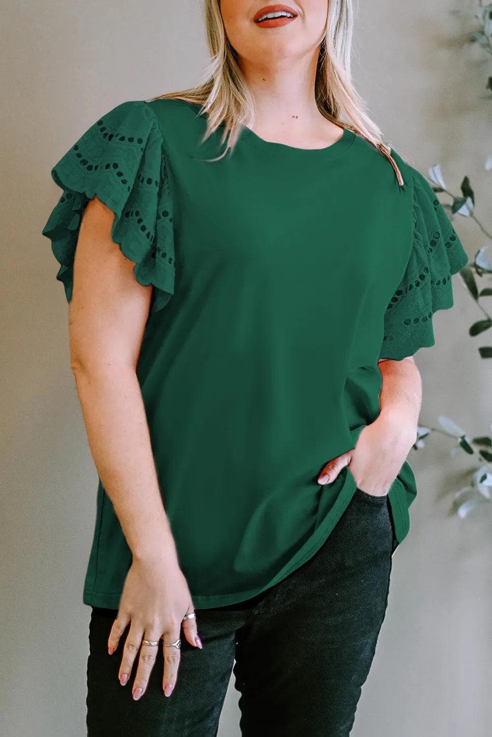 Plus Size/Plus Size Tops/Plus Size Tops & Tees Green Plus Size Flutter Sleeve Top