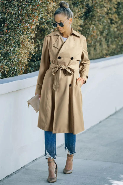 Outerwear/Coats Pale Khaki Solid Color Lapel Collar Waist Tie Wind Coat