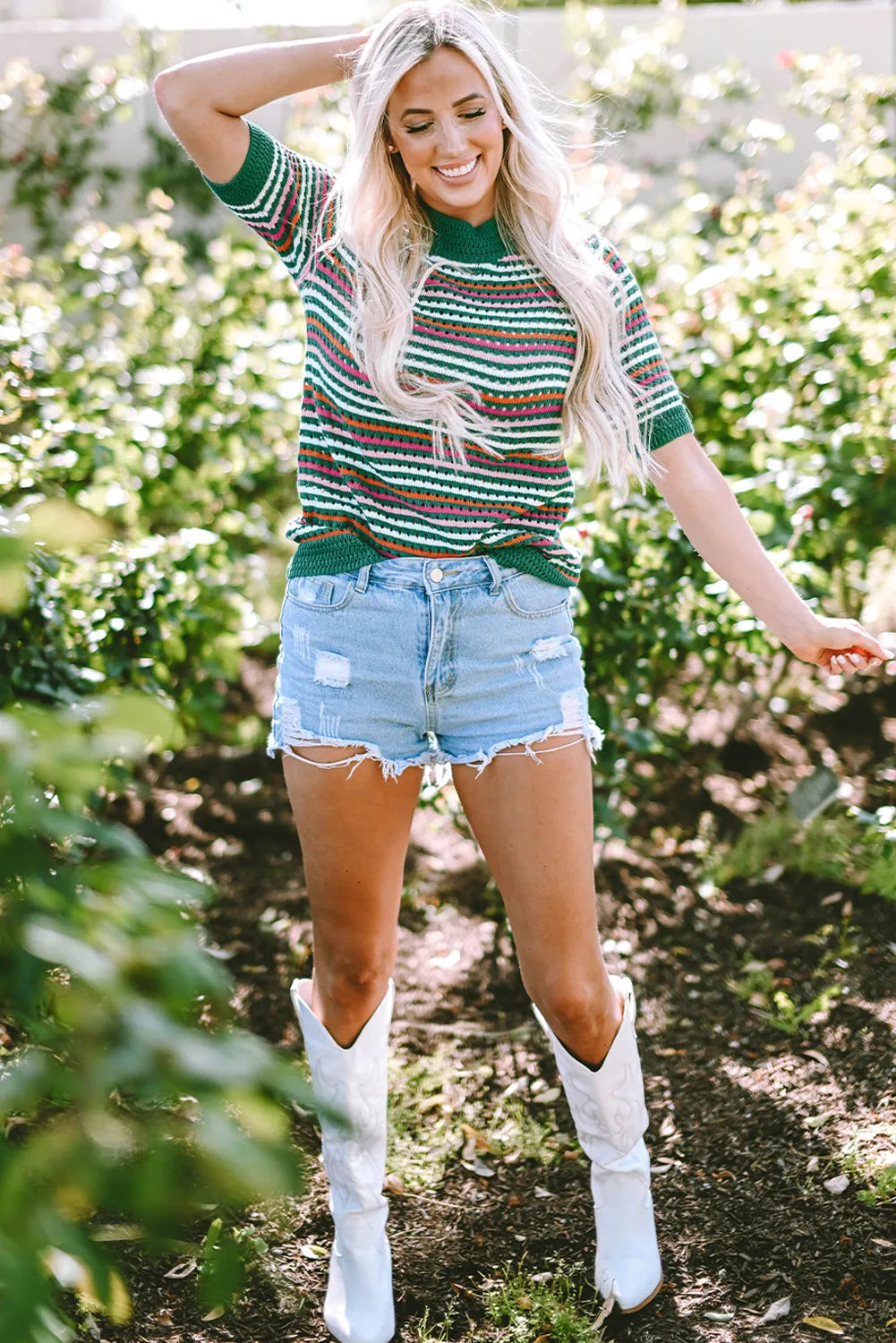 Dark Green Striped Pattern Contrast Trim Pointelle Knit T Shirt - Chic Meadow Boutique 