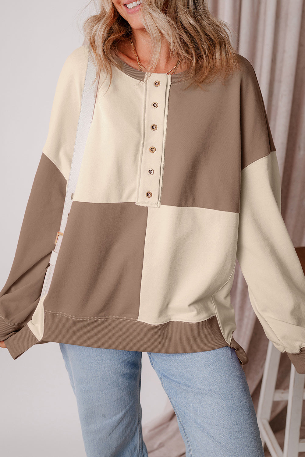 Parchment Colorblock Henley High Low Oversize Sweatshirt