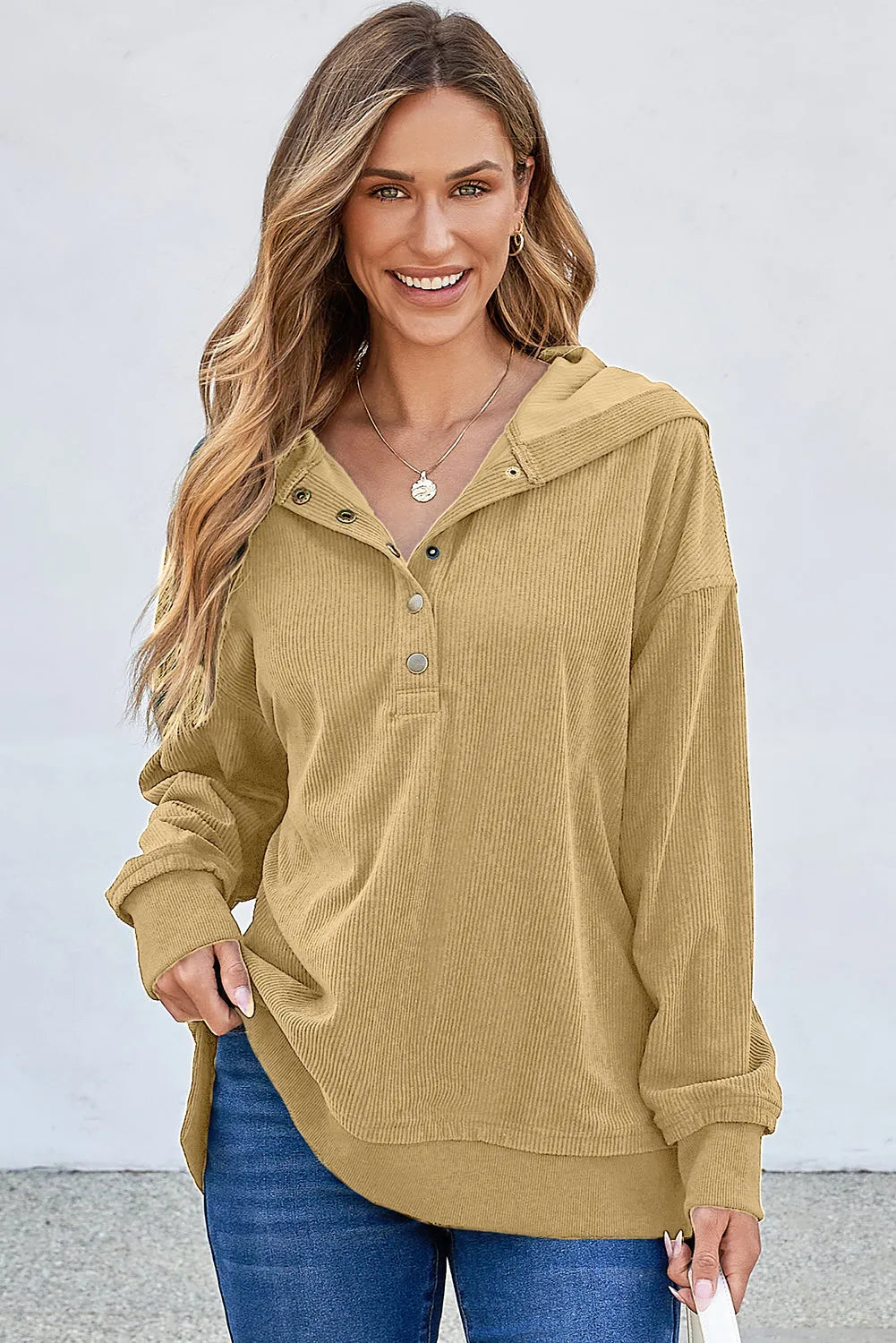 Simply Taupe Solid Ribbed Knit Buttoned Drop Shoulder Oversized Hoodie - Chic Meadow Boutique 