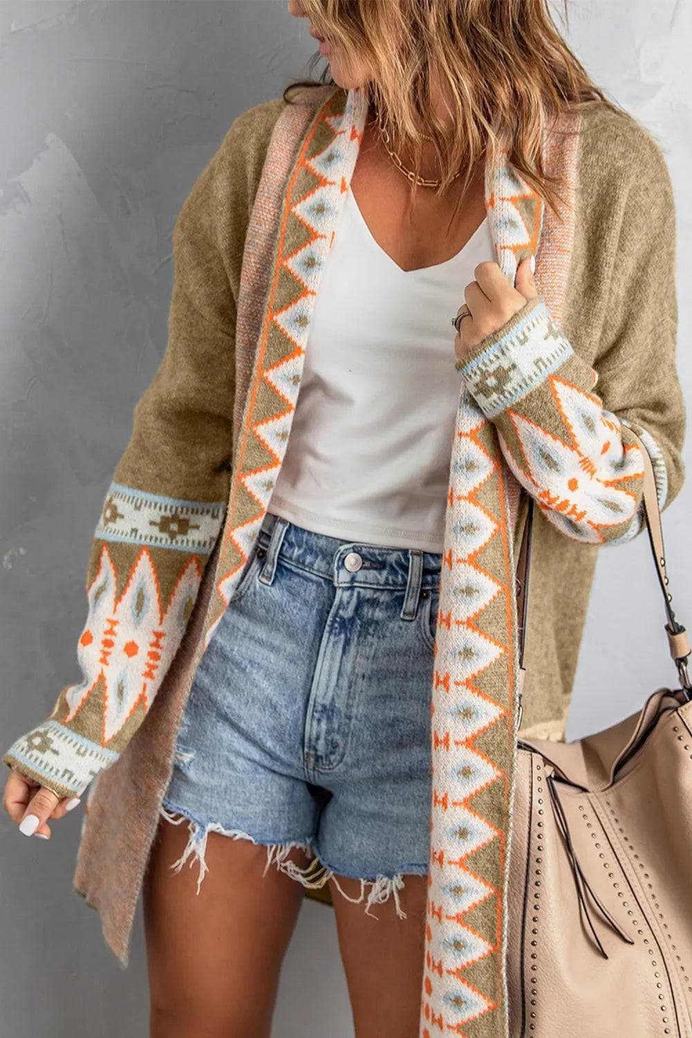 Khaki Aztec Print Open Front Knitted Cardigan | Chic Meadow – Chic