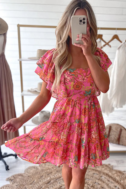 Pink Floral Square Neck Ruffle Sleeve Tiered Dress - Chic Meadow Boutique 