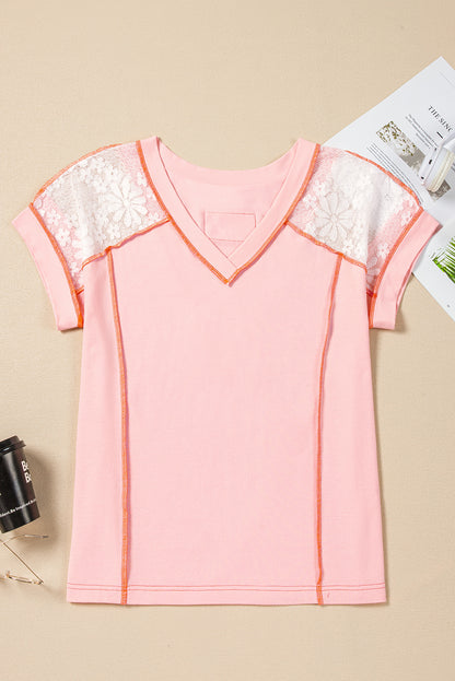 Light Pink Lace Patchwork Exposed Seam V Neck T Shirt