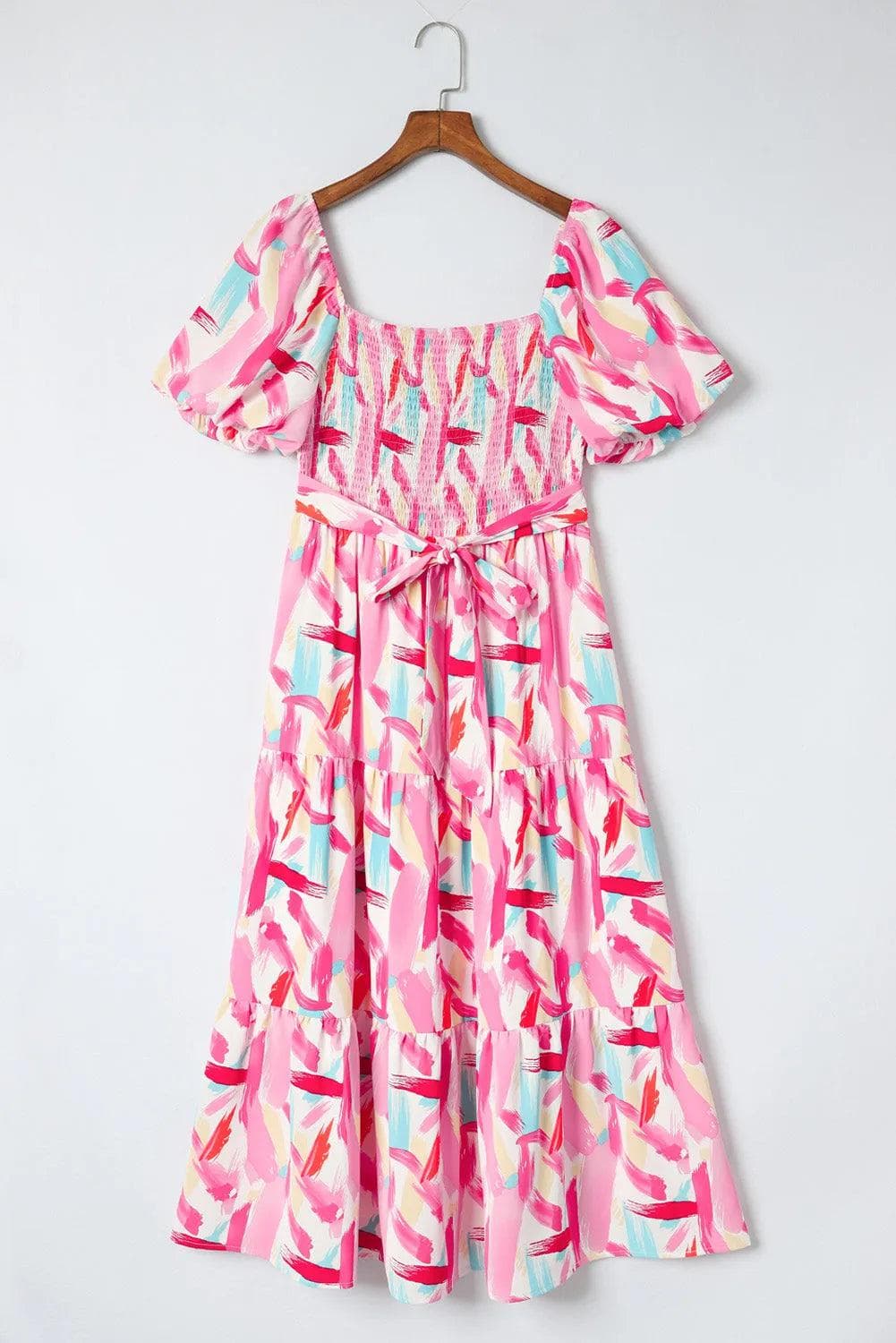 Dresses/Midi Dresses Pink Brush Stroke Printed Smocked Ruffle Tiered Dress