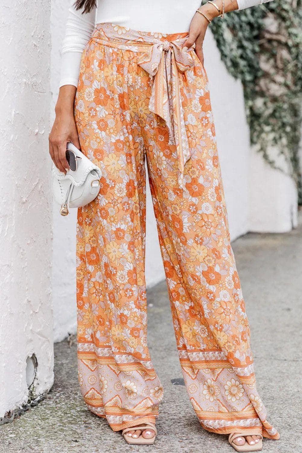 Bottoms/Pants & Culotte Grapefruit Orange / S / 100%Viscose Grapefruit Orange Tie Waist Boho Floral Wide Leg Pants