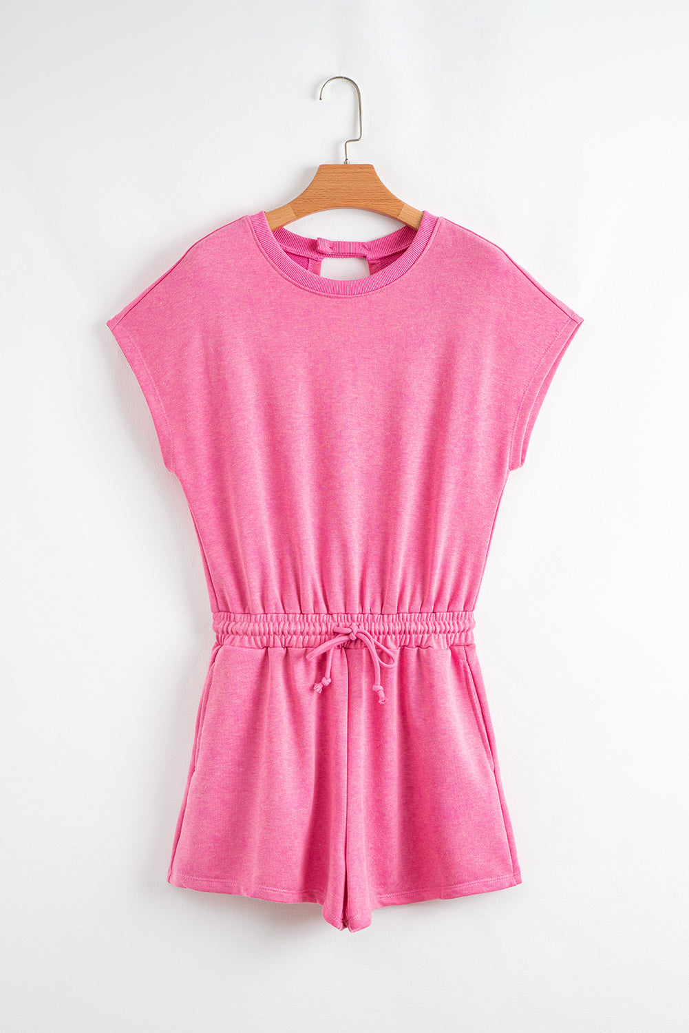 Bonbon Mineral Wash Drawstring Waist Hollow Out Back Short Sleeve Romper