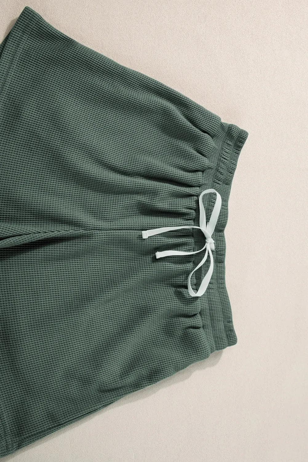 Two Piece Sets/Short Sets Mist Green Waffle Knit Patched Pocket Tank and Drawstring Shorts Set