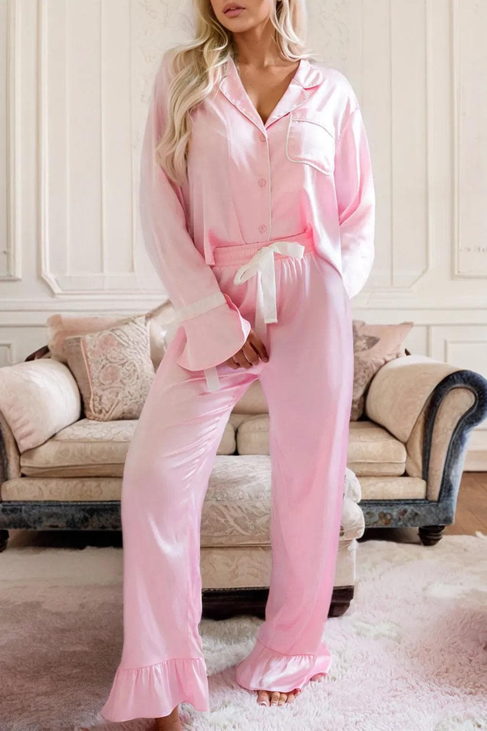 Loungewear & Sleepwear/Sleepwear Light Pink Satin Knot Accent Shirt and Ruffled Pants Lounge Set