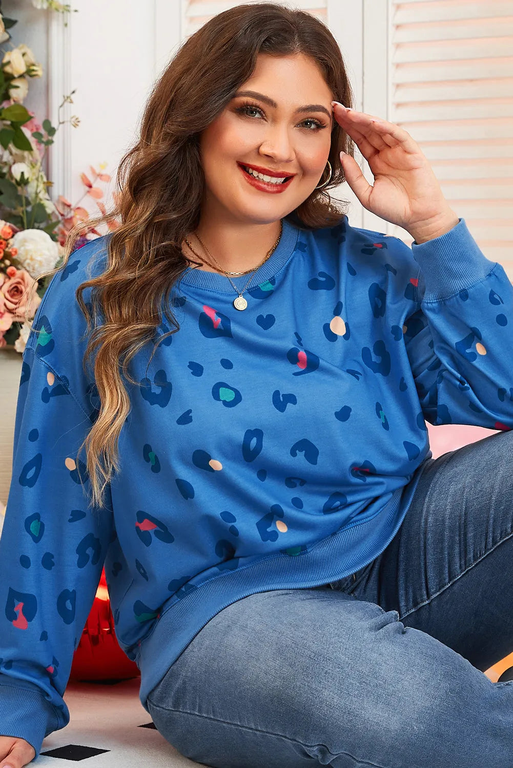 Sky Blue Leopard Ribbed Edge Drop Shoulder Pullover Sweatshirt - Chic Meadow Boutique 