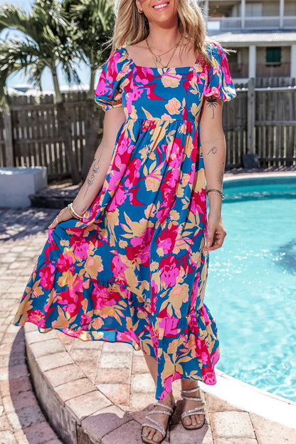 Dark Blue Square Neck Bubble Sleeve Ruffled Floral Dress - Chic Meadow Boutique 