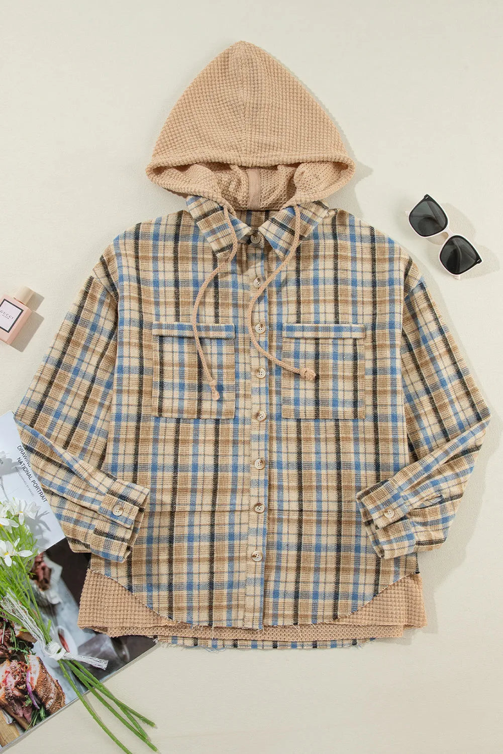 Ashleigh Blue Waffle Knit Patchwork Hooded Plaid Shacket - Chic Meadow Boutique 