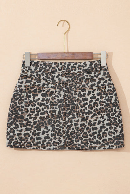 Khaki Leopard Denim Mini Skirt