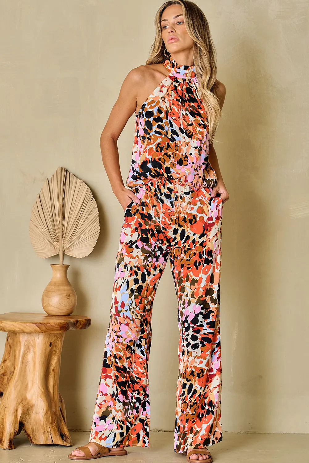 Black Multicolor Leopard Print Halter Tank Top and Pants Set - Chic Meadow Boutique 