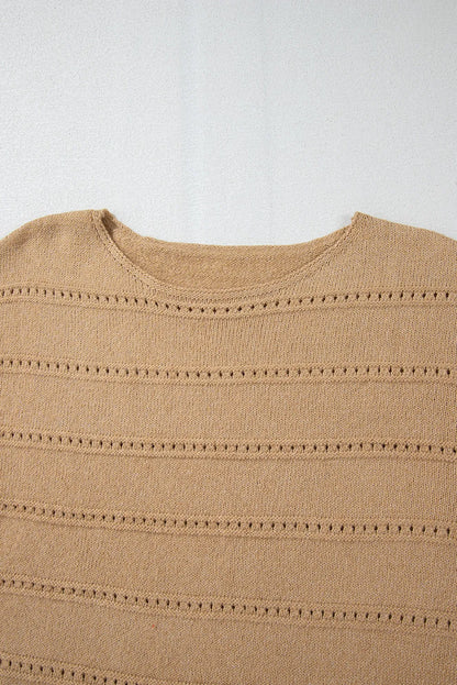 Pale Khaki Boat Neck Drop Shoulder Pointelle Knit Sweater - Chic Meadow Boutique 