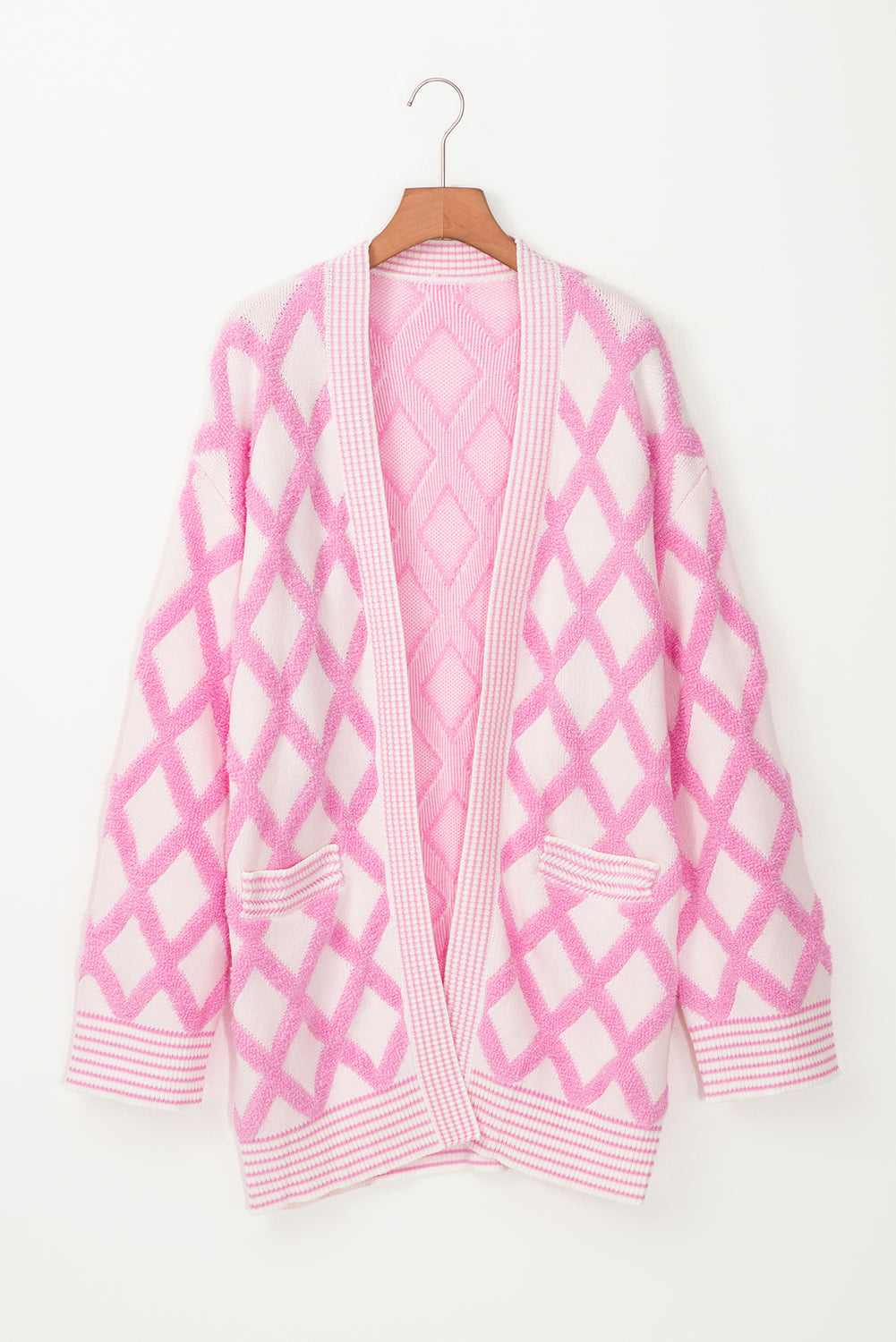 Pink Rhombus Pattern Knit Open Front Pocketed Cardigans