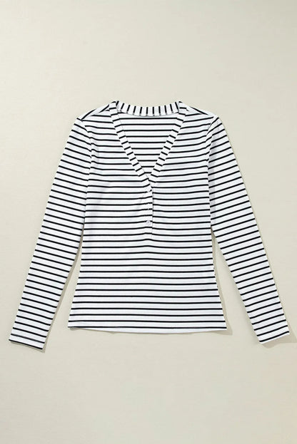 White Stripe Slim Fit Buttoned V Neck Long Sleeve T Shirt - Chic Meadow Boutique 