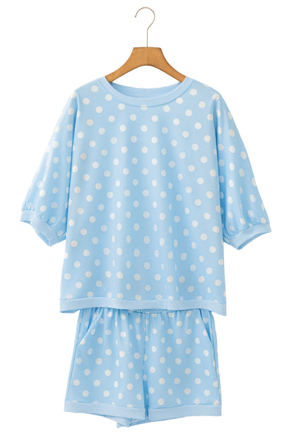 Sky Blue Polka Dot Oversized Top Drawstring Short Set