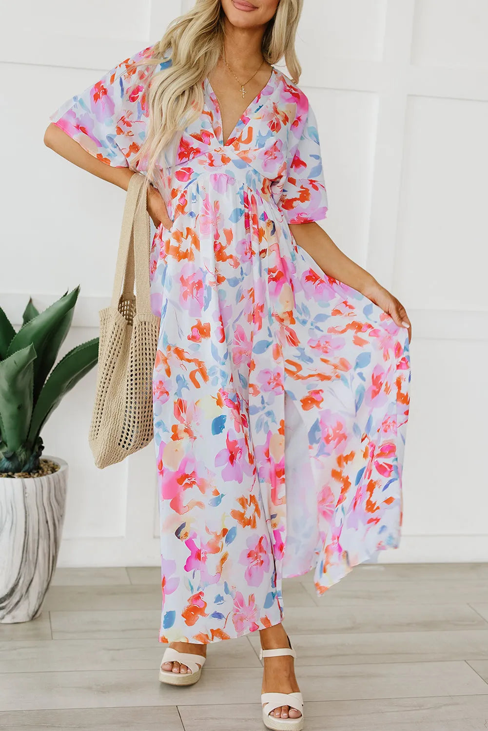 Multicolor Tropical Floral Print Ruched V Neck Maxi Dress - Chic Meadow Boutique 