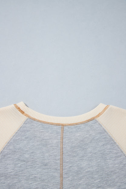 Light Grey Color Block Floral Waffle Mixed Patchwork Long Sleeve Top