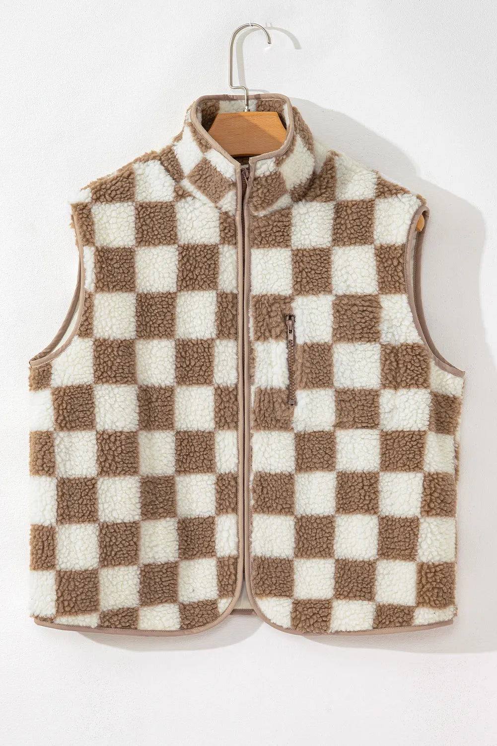 Outerwear/Vests Khaki Checkered Sherpa Collared Jacket Vest