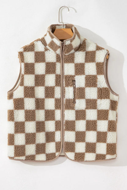 Khaki Checkered Sherpa Collared Jacket Vest - Chic Meadow Boutique 