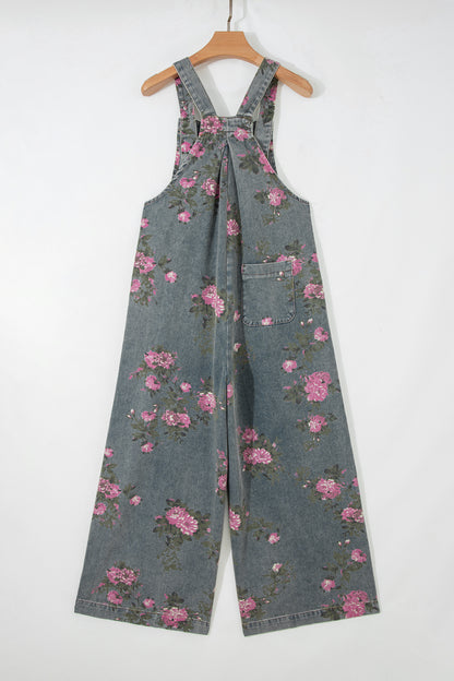 Gray Beau Floral Print Pleated High Waist Wide Leg Denim Jumpsuit