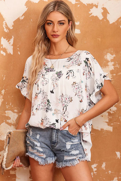 White Floral Ruffled Short Sleeve Back Knot Blouse - Chic Meadow Boutique 