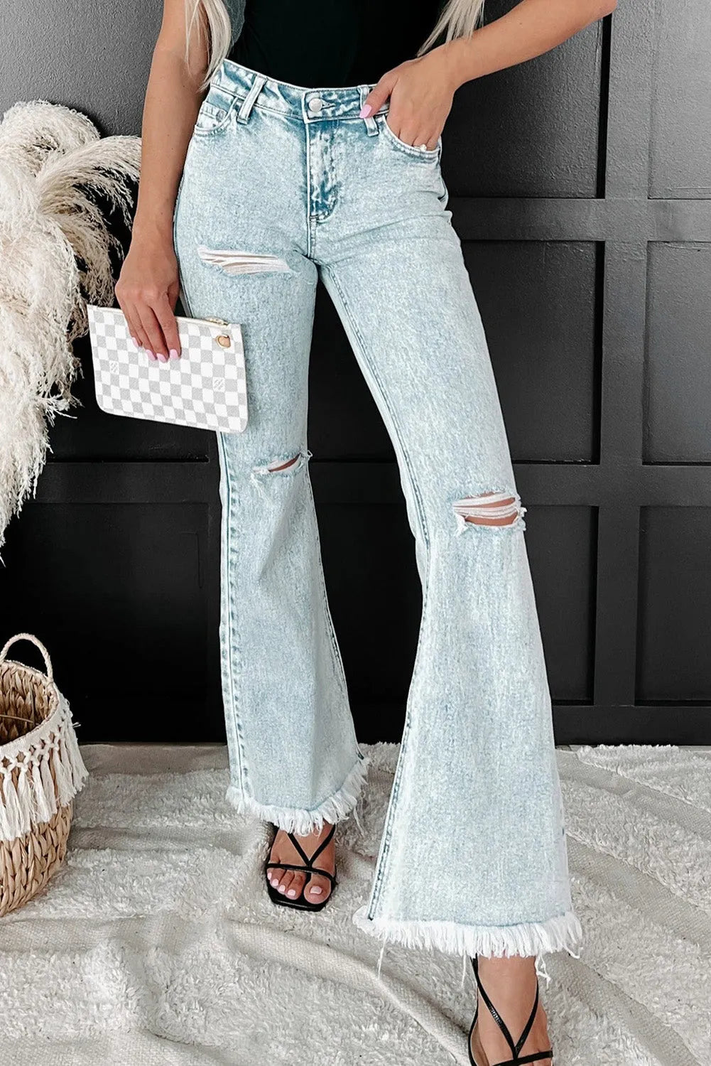 Sky Blue Distressed Acid Wash Flare Jeans - Chic Meadow Boutique 