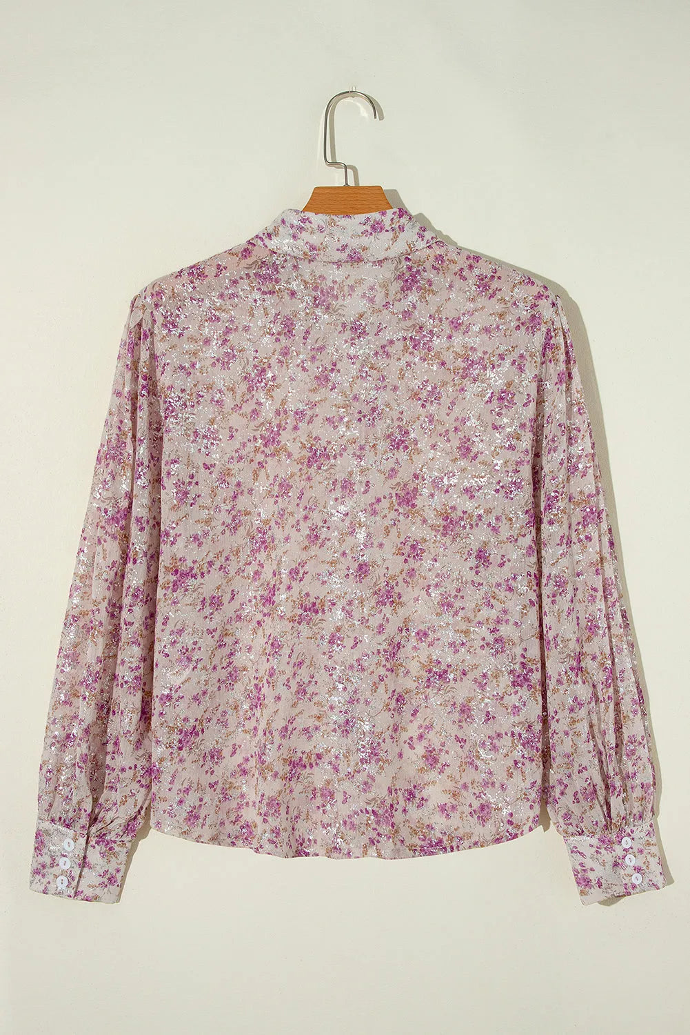 Pink Floral Print Bishop Sleeve Collared V Neck Shirt - Chic Meadow Boutique 