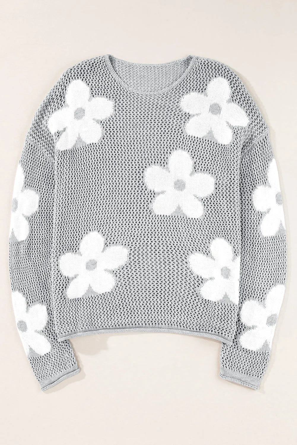 Light Grey Big Flower Hollowed Knit Drop Shoulder Sweater - Chic Meadow Boutique 