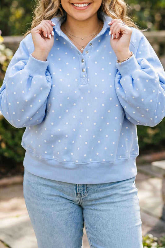 Sky Blue Polka Dot V Neck Metal Button Long Sleeve Shift Plus Size Sweatshirt