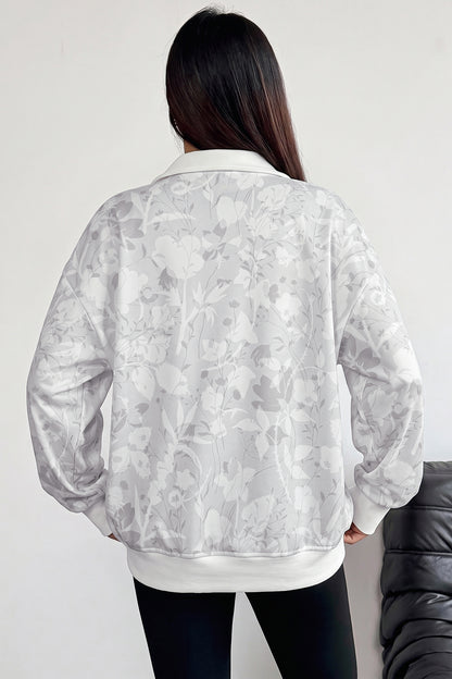 Gray Floral Print Quarter Zip Stand Neck Long Sleeve Sweatshirt