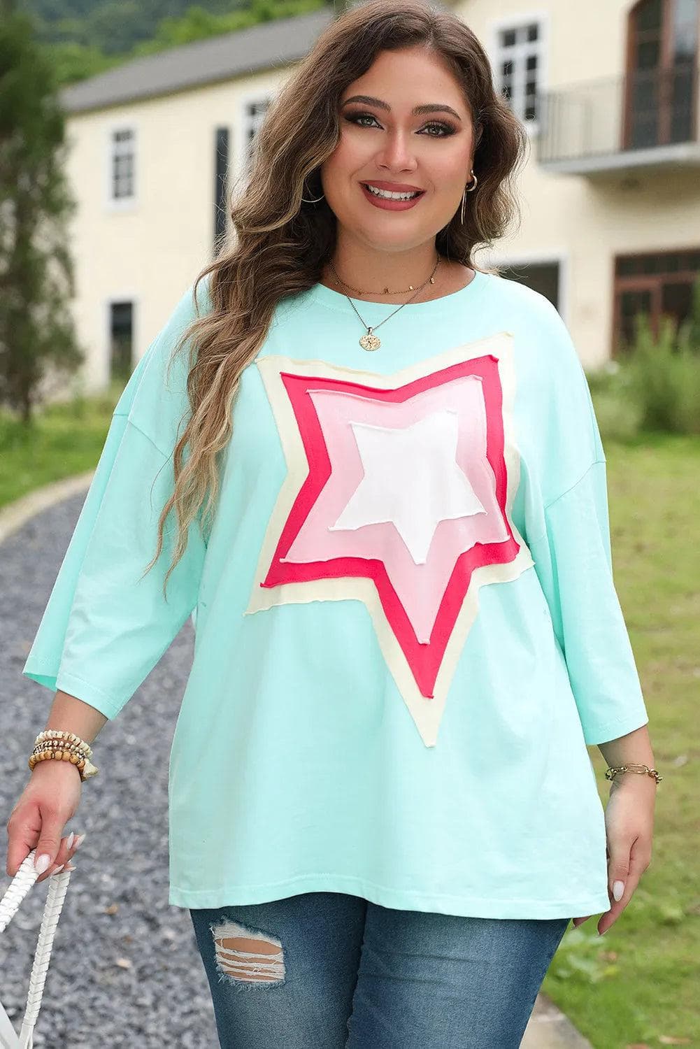 Plus Size/Plus Size Tops/Plus Size Tops & Tees Moonlight Jade / 1X / 95%Cotton+5%Elastane Moonlight Jade Colorblock Star Patch Plus Size Tunic