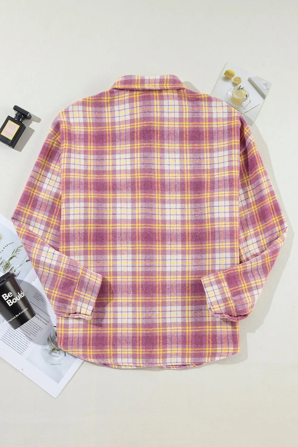 Pink Plaid Print Chest Pocket Long Sleeve Shacket - Chic Meadow Boutique 