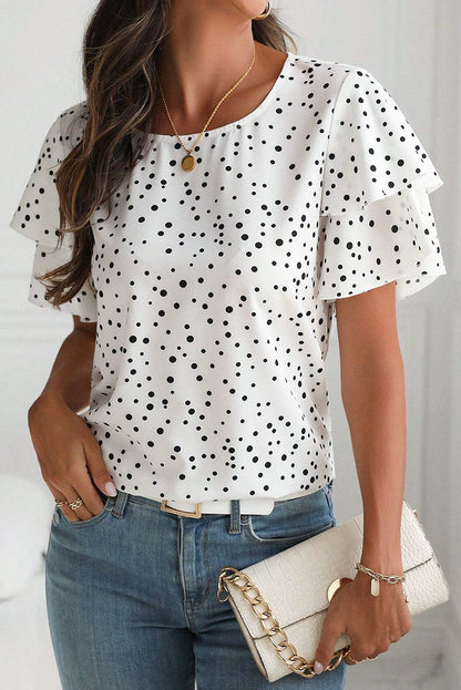 White Dalmatian Print Layered Ruffled Short Sleeve Blouse