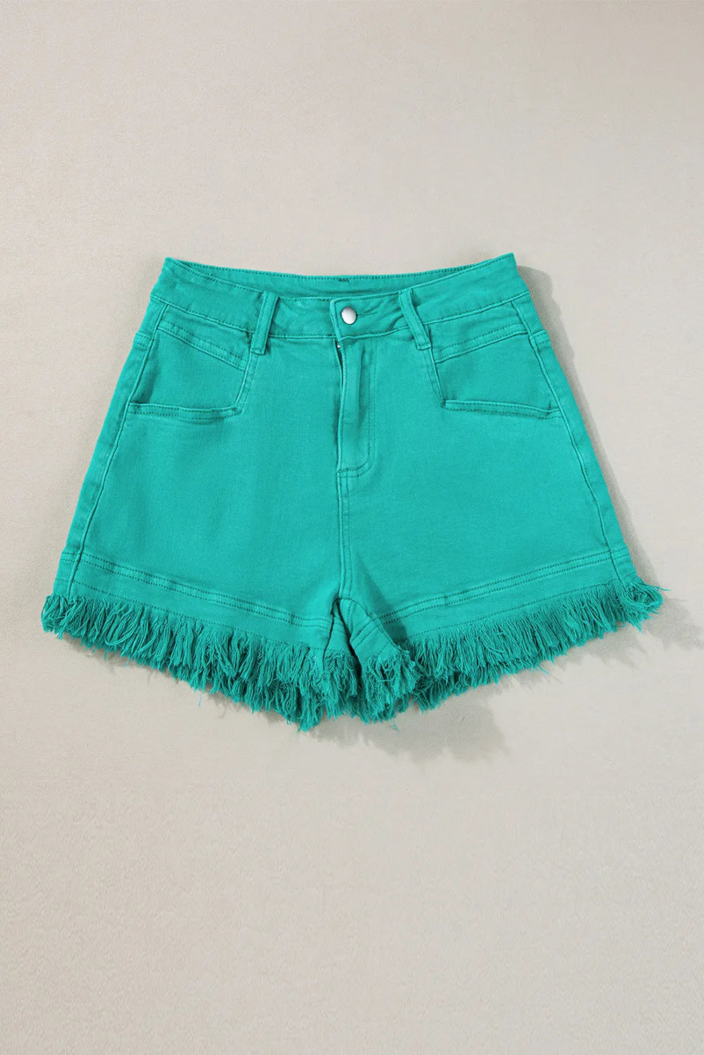 Turquoise Frayed Edge Mid Rise Denim Shorts - Chic Meadow Boutique 