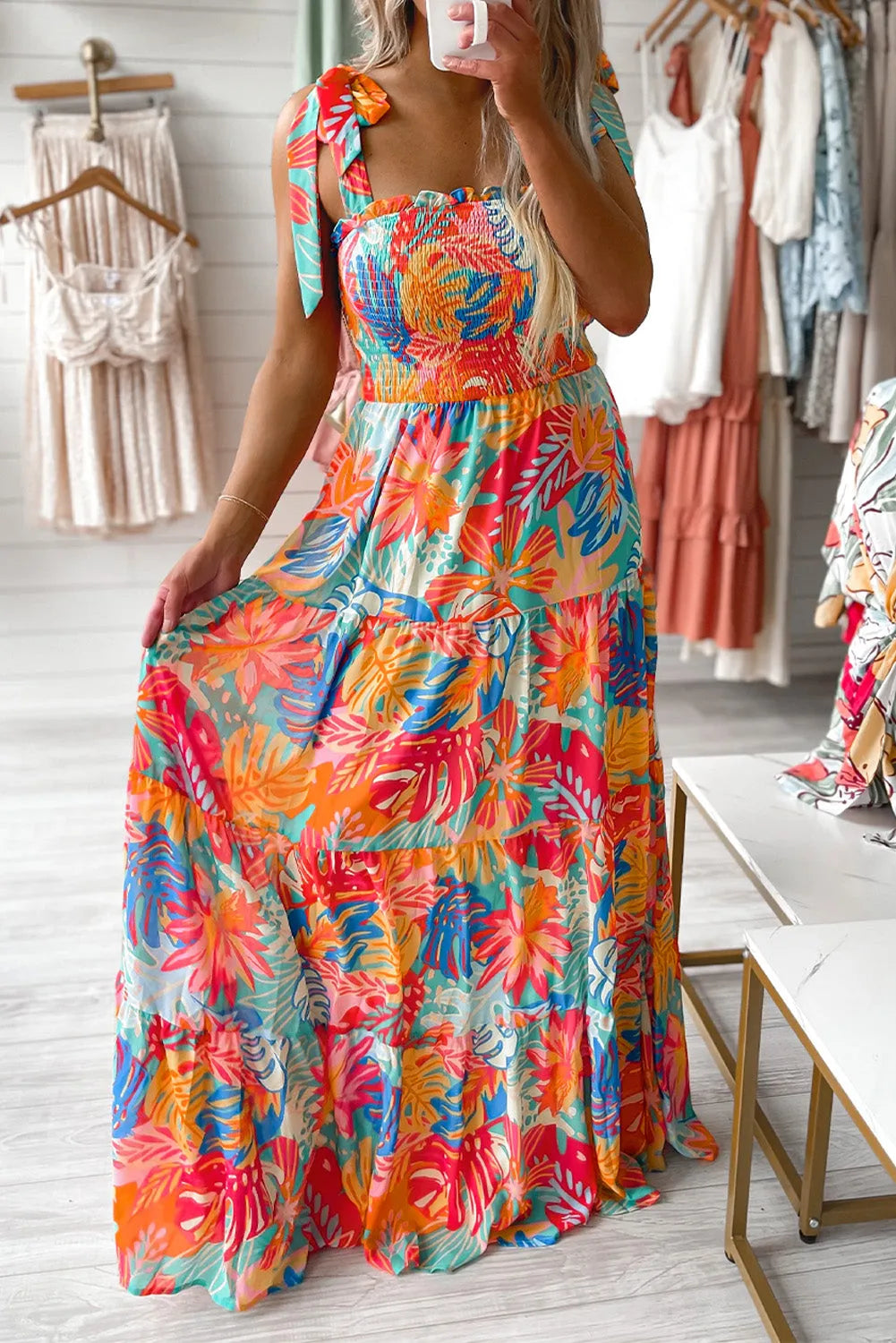 Multicolor Vibrant Tropical Print Smocked Ruffle Tiered Maxi Dress - Chic Meadow Boutique 