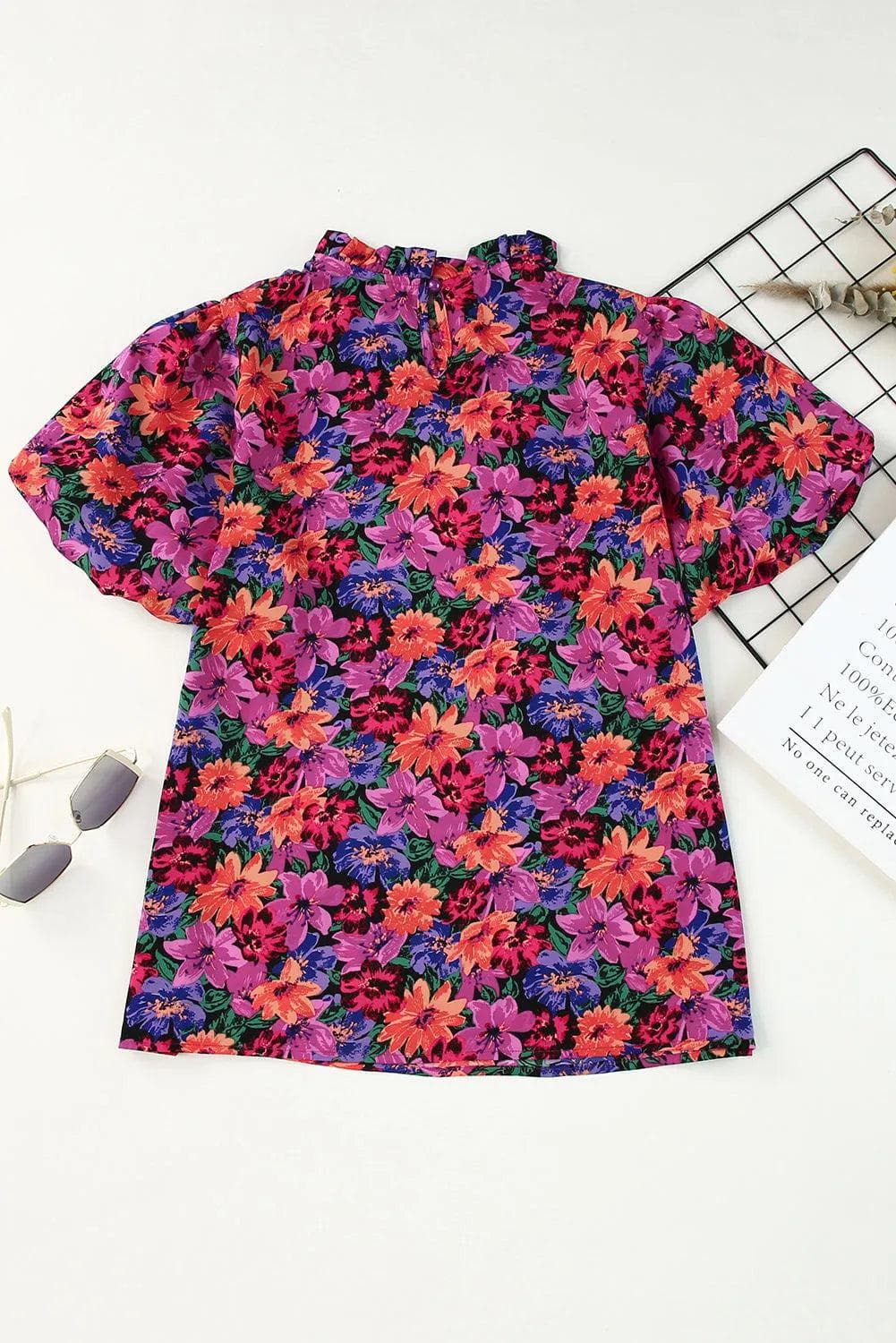 Tops/Blouses & Shirts Multicolor Floral Print Round Neck Puff Sleeve Blouse