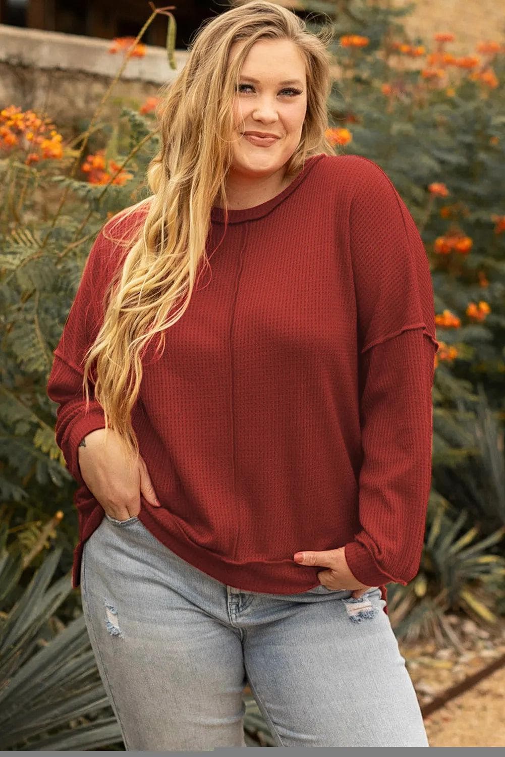 Plus Size/Plus Size Tops/Plus Size Long Sleeve Tops Gold Flame Exposed Seam Detail Waffle Knit Plus Size Top