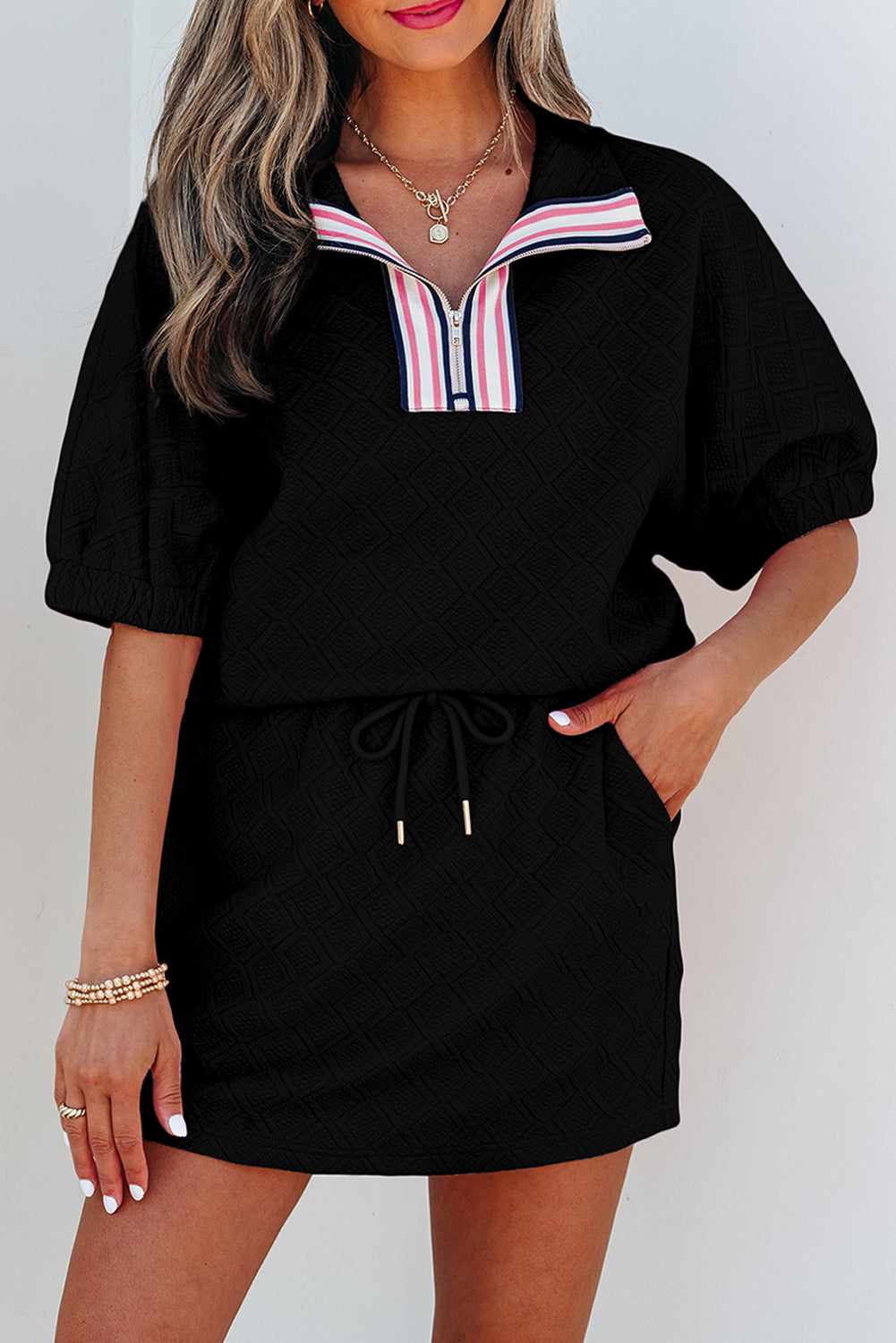 Color black Striped Collared Zip up Textured Skirt Set