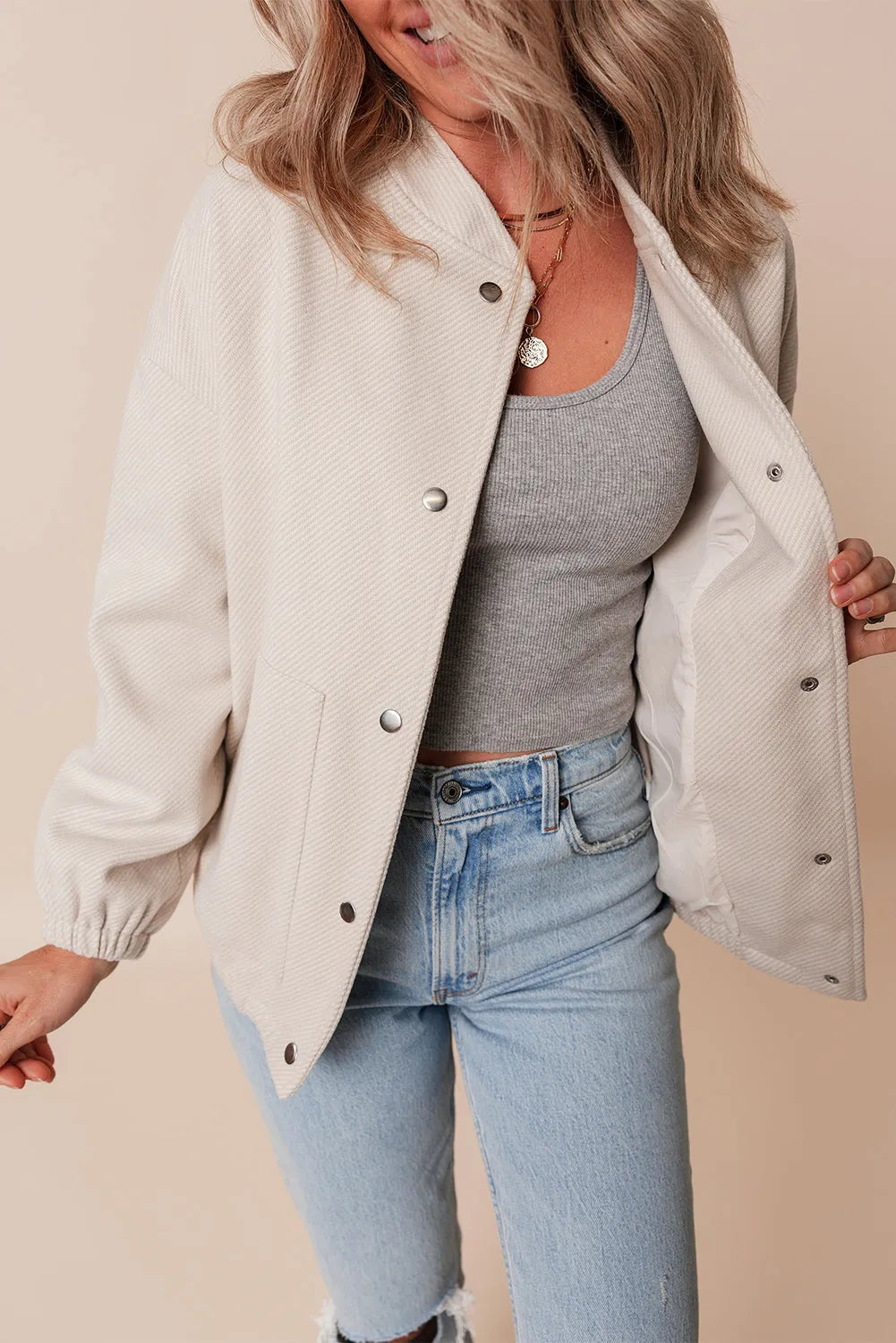 Beige Baseball Collar Snap Button Pocketed Bomber Jacket - Chic Meadow Boutique 